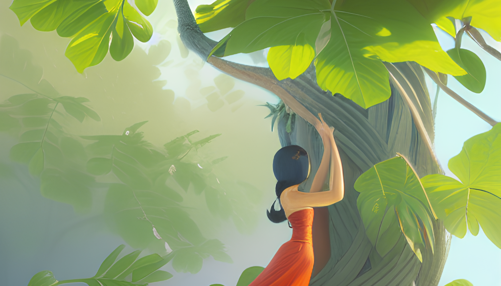 a woman under a papaya tree