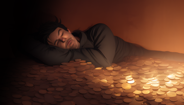 a man sleeping on a pile of pennies